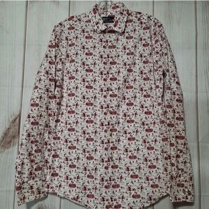 Bar III Shirt Men's Medium Slim‎ Fit White Red Button Front Long Sleeve Ski